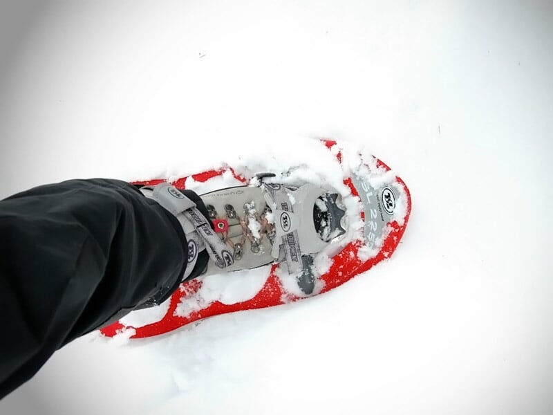 Gros plan sur une chaussure de raquette à neige posée sur un sol enneigé en montagne
