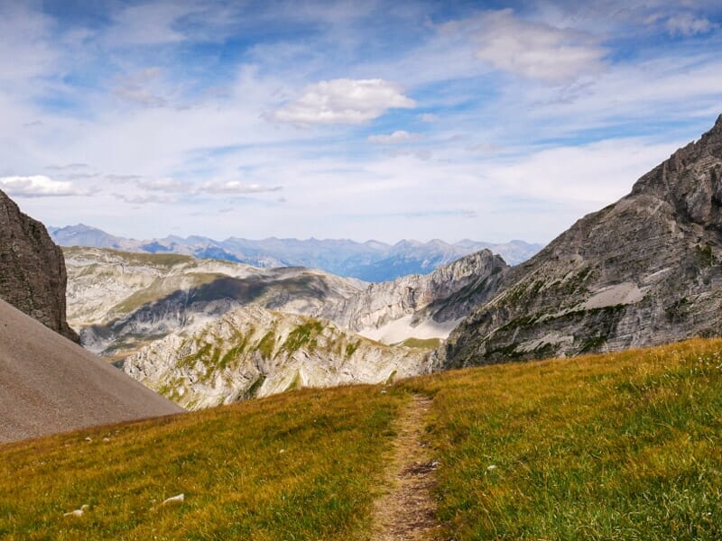 Sentier étroit traversant une prairie alpine verte avec des montagnes rocheuses en arrière-plan sous un ciel nuageux.