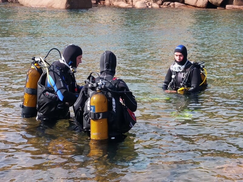 Trois plongeurs en combinaison noire avec bouteilles jaunes dans une eau claire près de rochers en arrière-plan.