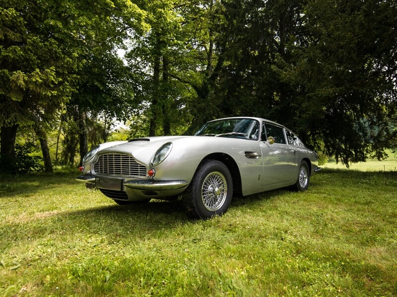 Voiture classique argentée stationnée sur une pelouse verte entourée d'arbres sous un ciel clair.