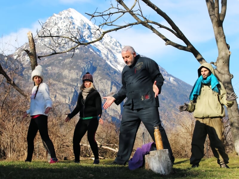 Groupe de personnes effectuant des exercices de tai-chi ou arts martiaux en plein air.