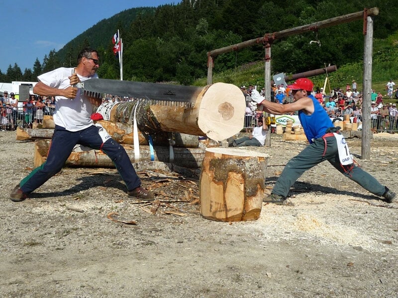 Deux bûcherons en compétition de sciage, un en chemise blanche et l'autre en t-shirt rouge, manient une scie à deux mains sur un tronc d'arbre, spectateurs en arrière-plan