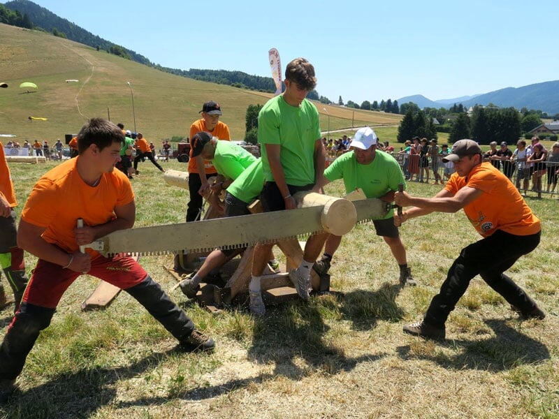 Équipe en t-shirts colorés coopérant pour scier un rondin de bois lors d'une épreuve de sciage en plein air, montagnes et public en fond
