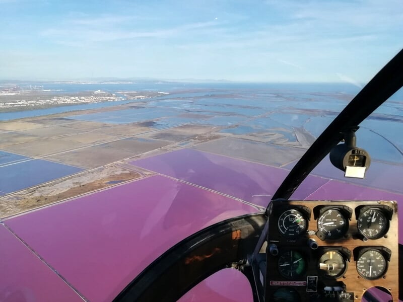 Vue depuis le cockpit d'un avion léger survolant un paysage côtier avec des étendues d'eau et des terres.