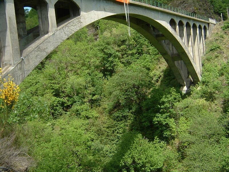 Pont en arc en béton traversant une vallée dense et verdoyante, entouré d'arbres feuillus sous un ciel dégagé, avec un câble de saut à l’élastique suspendu.