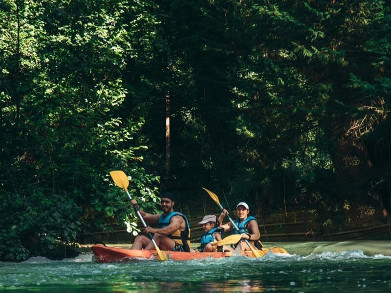 Famille en kayak sur une rivière entourée d'arbres, pagayant ensemble dans un cadre naturel verdoyant.