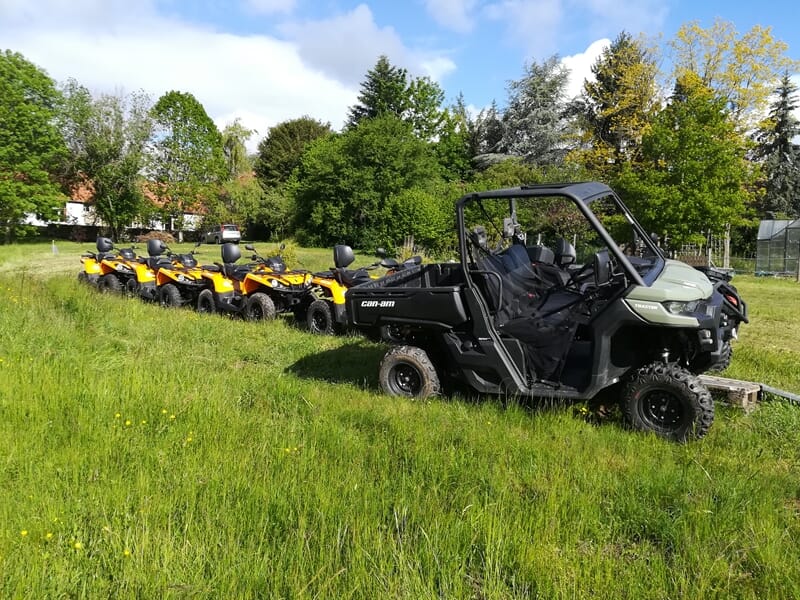 Une rangée de quads jaunes et un quad utilitaire noir stationnés sur une pelouse verte sous un ciel bleu avec des arbres.