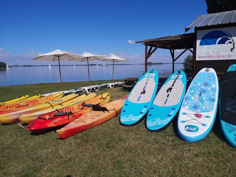 Rangée de kayaks et planches de paddle sur l'herbe près d'un lac sous un ciel bleu.