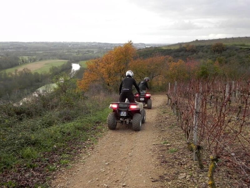 Deux personnes en quad roulant sur un chemin de terre entouré de vignes et d'arbres aux feuilles d'automne.