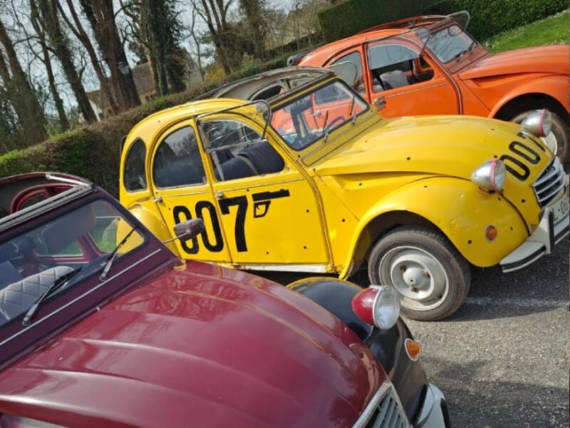 Gros plan sur une Citroën 2CV jaune arborant le numéro 007 et un dessin de pistolet noir. Elle est stationnée à côté de modèles rouge bordeaux et orange, dans un environnement extérieur arboré.