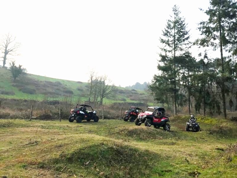 Plusieurs quads garés sur une zone herbeuse avec des collines et des arbres en arrière-plan.