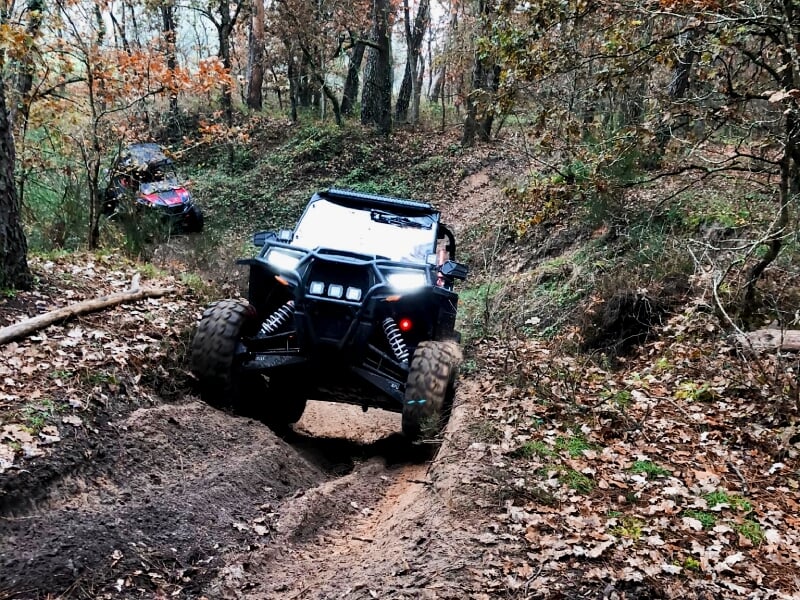 Quad noir tout-terrain roulant sur un chemin forestier couvert de feuilles mortes en automne.