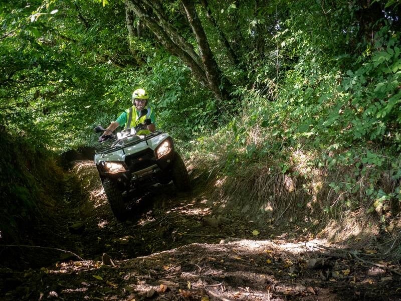 Conduite d'un quad tout-terrain sur un sentier forestier étroit bordé de végétation dense et arbres verts.