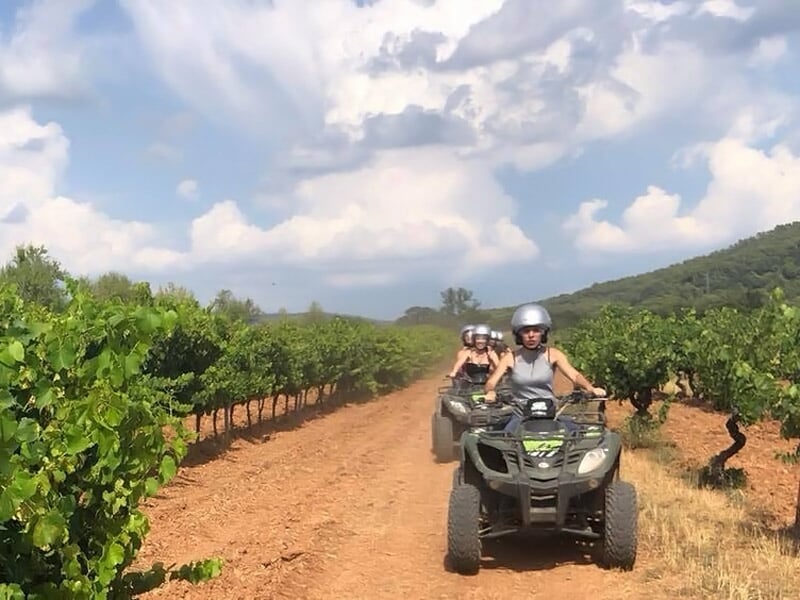 Personnes en randonnée sur des quads traversant un chemin entre des vignes sous un ciel partiellement nuageux.