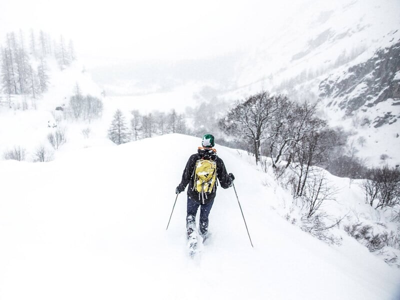 Personne en raquettes à neige avec sac à dos marchant sur un sentier enneigé entouré d'arbres.