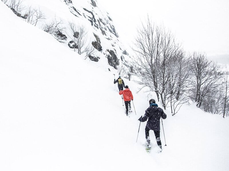 Groupe de trois personnes en raquettes à neige marchant en file dans un décor montagneux enneigé.