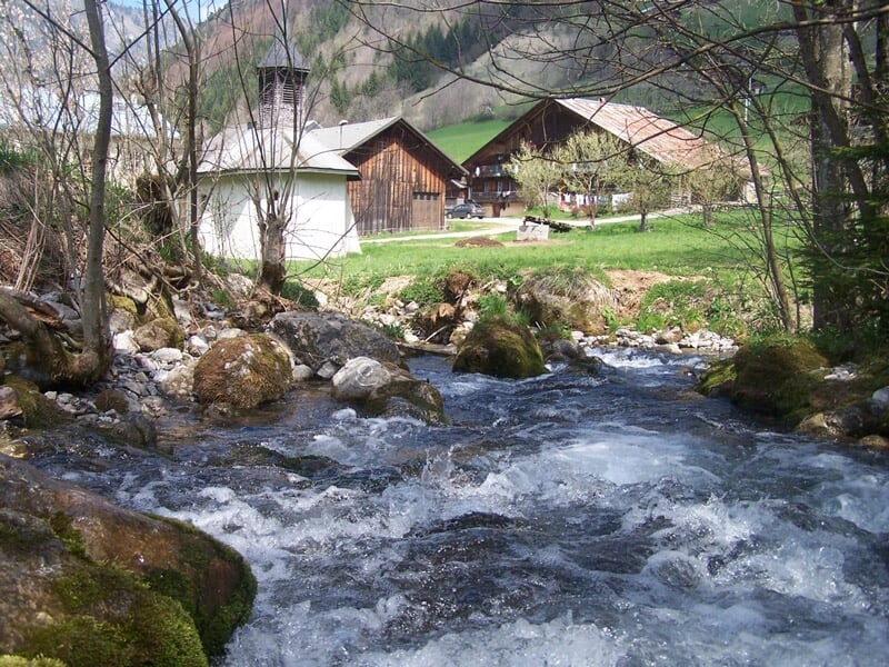 Ruisseau d'eau vive traversant un paysage rural avec des maisons en bois et des arbres au printemps.