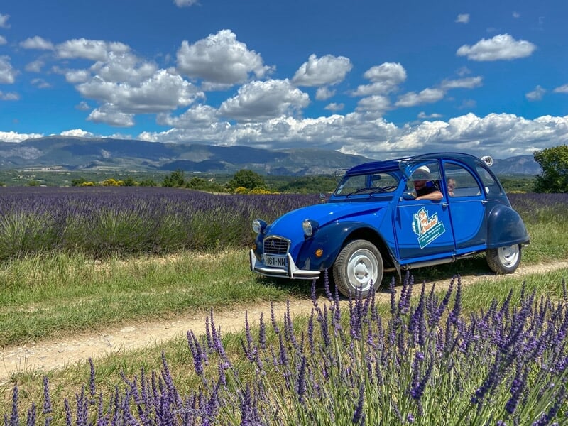 Paysage pittoresque montrant une Citroën 2CV bleue stationnée sur un chemin de terre à côté d'un champ de lavande, avec des montagnes en arrière-plan sous un ciel partiellement nuageux