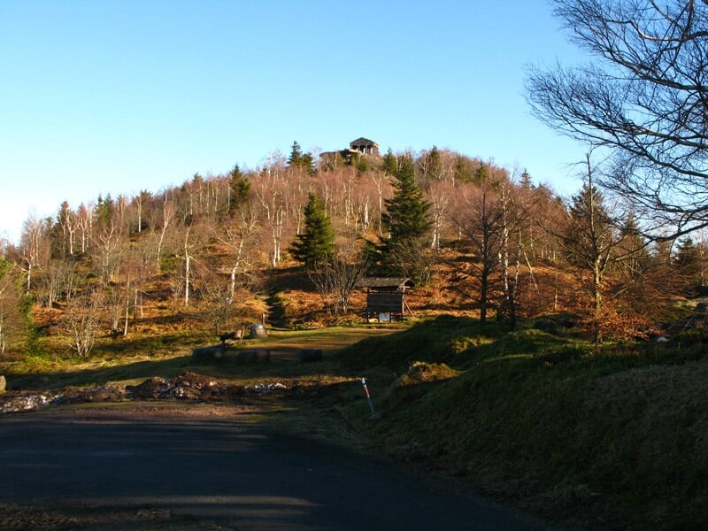 Colline boisée avec un petit abri en bois au sommet sous un ciel bleu clair