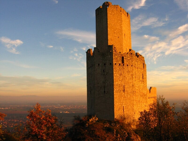 Tour médiévale en pierre éclairée par le soleil couchant sur une colline boisée