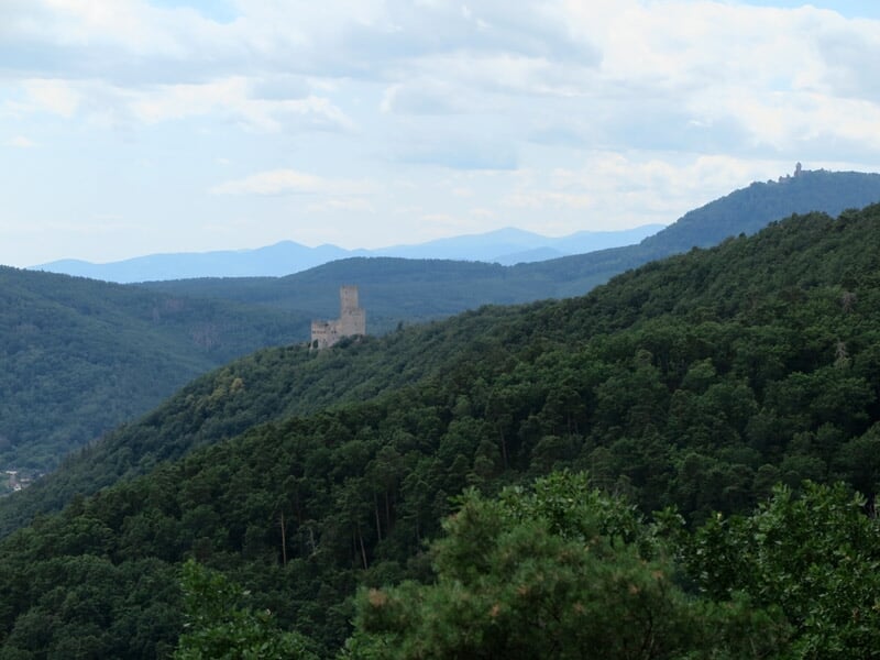 Vue lointaine d'un château médiéval perché sur une colline boisée sous un ciel clair