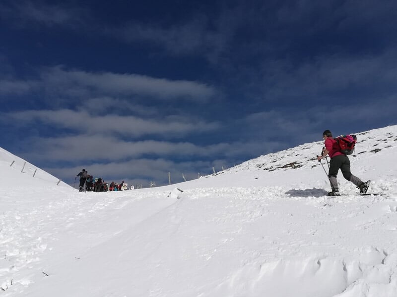 Groupe de randonneurs en raquettes à neige montant une pente enneigée sous un ciel bleu avec quelques nuages.