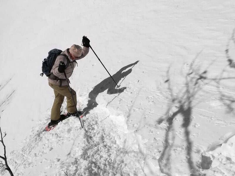 Randonneur en raquettes à neige traversant une zone enneigée avec des bâtons de marche et un sac à dos.