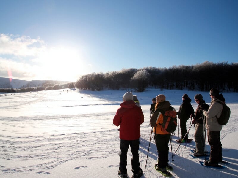Groupe de personnes en raquettes à neige observant un paysage enneigé sous un soleil éclatant à Gérardmer.