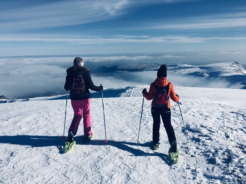 Deux personnes en raquettes qui profitent de la vue