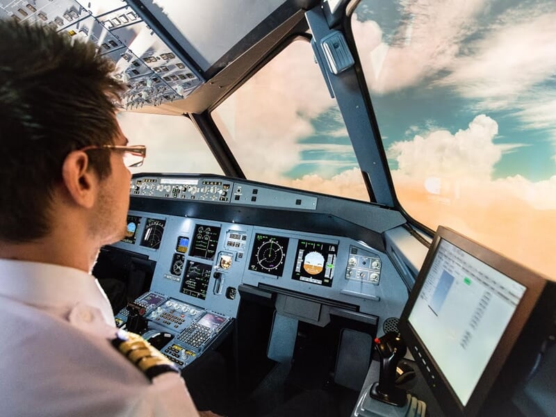 Un pilote dans un simulateur d'avion regardant les instruments de bord et un écran affichant des données de vol.