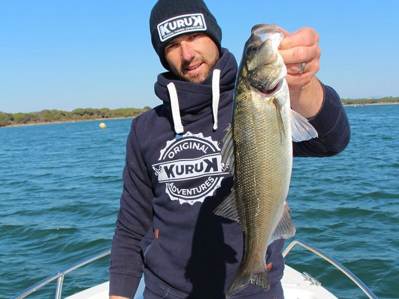Homme en sweat à capuche tient un poisson argenté sur un bateau, mer calme et ciel bleu en arrière-plan.