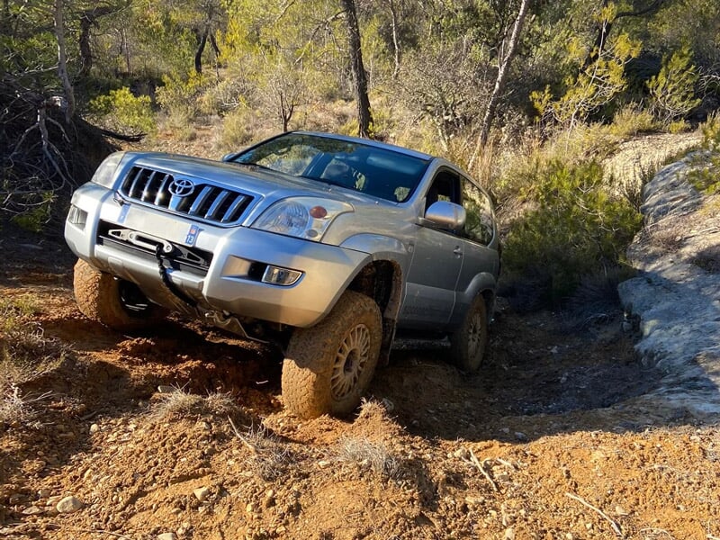 SUV gris franchissant un obstacle en forêt avec une roue avant décollée du sol