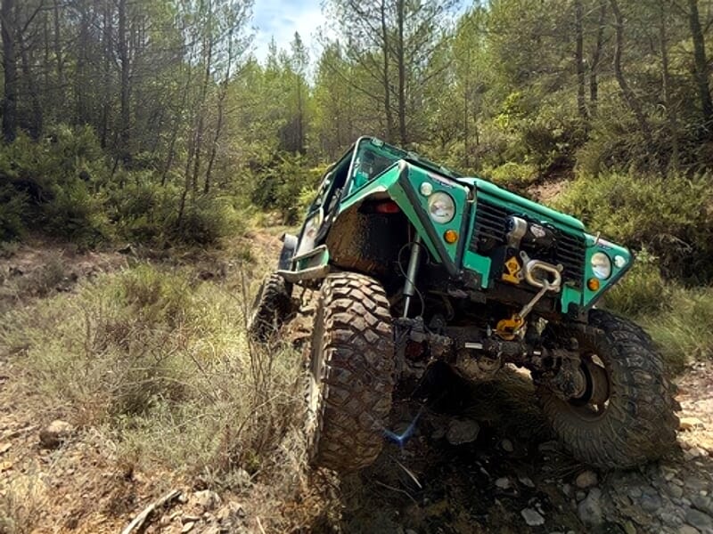 Véhicule tout-terrain vert franchissant un terrain rocheux en forêt sous un ciel clair et ensoleillé.
