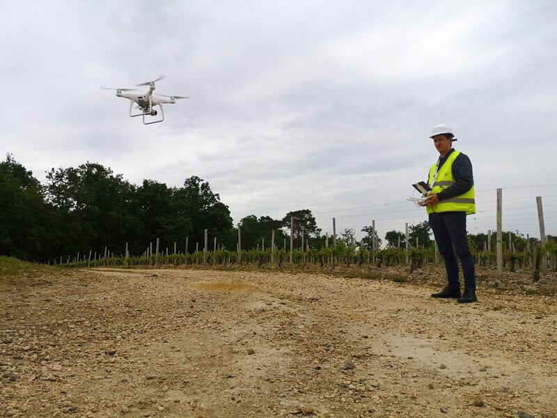 Homme en gilet jaune pilotant un drone blanc dans un champ avec des rangées de vignes.