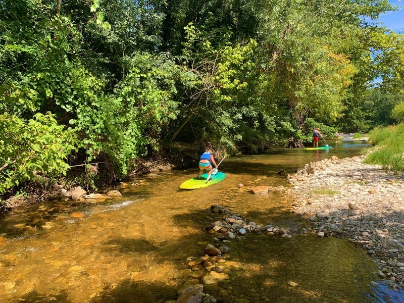 Personne pagayant sur une planche de stand-up paddle dans une rivière peu profonde bordée de galets et d'arbres.