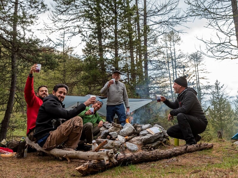 Groupe de personnes assises autour d'un feu de camp en forêt, levant leurs verres pour un toast dans une ambiance conviviale.