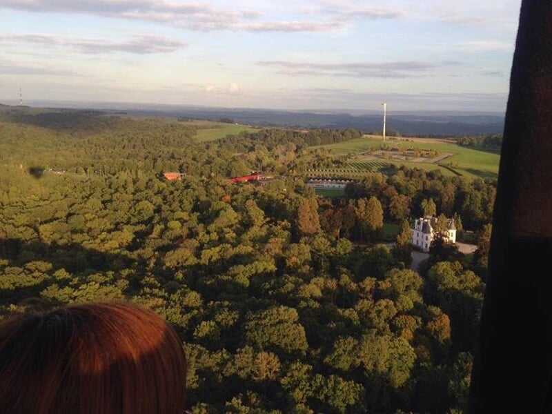 Vue depuis une montgolfière montrant une forêt dense et une personne observant le paysage.