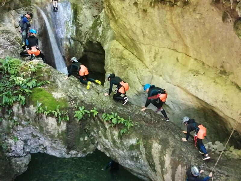 Groupe de personnes en tenue de canyoning progressant sur un rocher au bord d'une cascade en pleine nature.