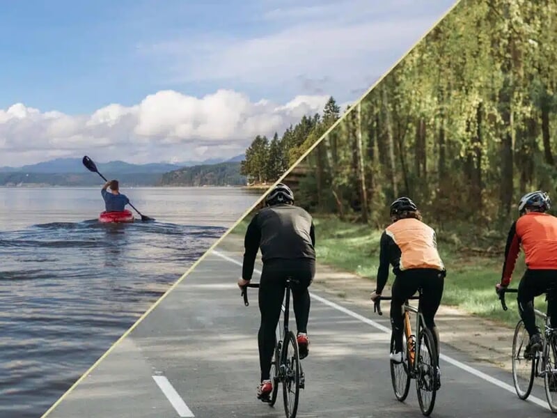 Cyclistes sur la route qui longe le Lac du Bourget et personne sur un kayak avec une pagaie sur le lac du Bourget
