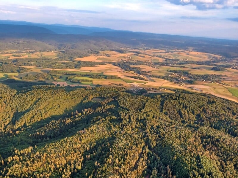Paysage rural vu depuis les airs, mêlant vastes forêts, champs agricoles dorés et collines s'étendant à l'horizon sous une lumière douce.