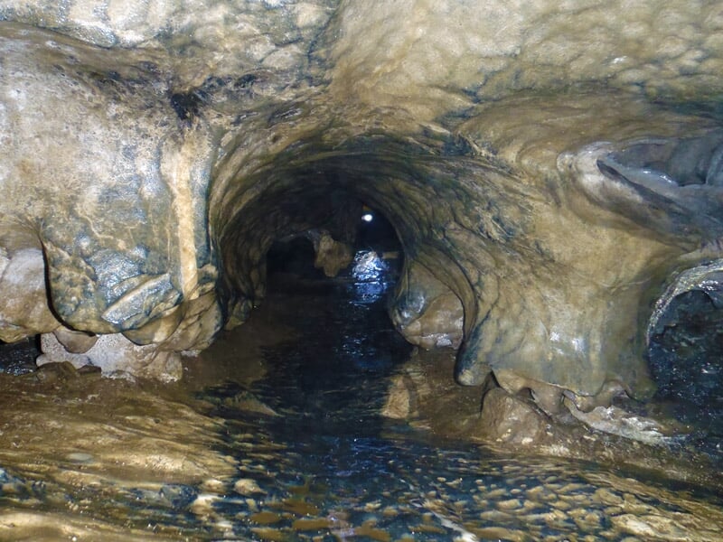 Entrée d'une grotte avec eau stagnante, début d'une exploration spéléologique en milieu naturel.