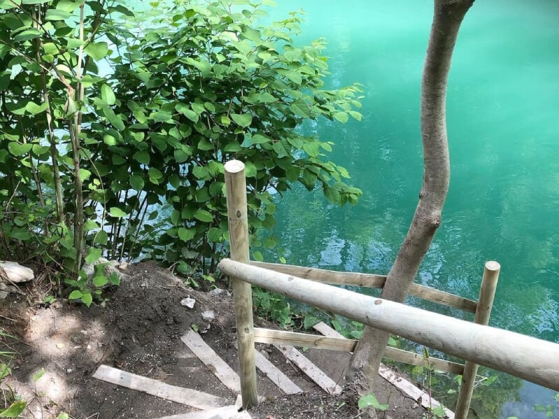 Escalier en bois menant à une rivière turquoise entourée de végétation luxuriante.