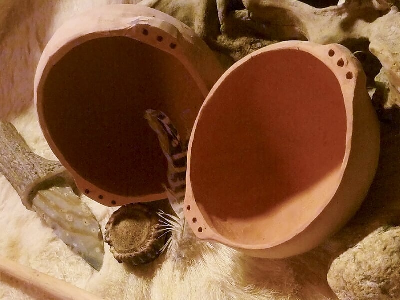 Collection d'objets naturels et artisanaux comme plumes, os, coquillages et colliers sur une peau d'animal.
