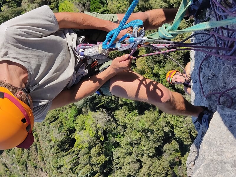 Un grimpeur en casque orange et t-shirt gris manipule des cordes d'escalade sur une falaise rocheuse avec vue sur la forêt.