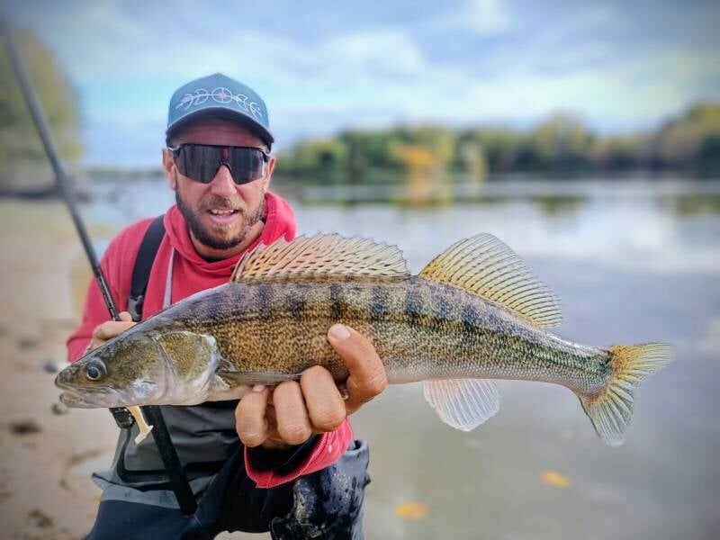 Un homme en casquette et lunettes de soleil montre un poisson zébré attrapé au bord d'un plan d'eau paisible.