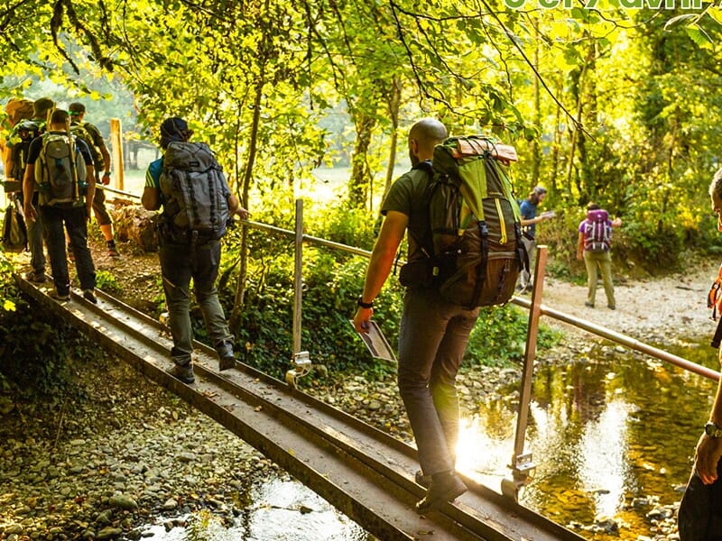 Groupe de randonneurs traversant un pont en métal au-dessus d'un ruisseau, entouré de végétation verdoyante.