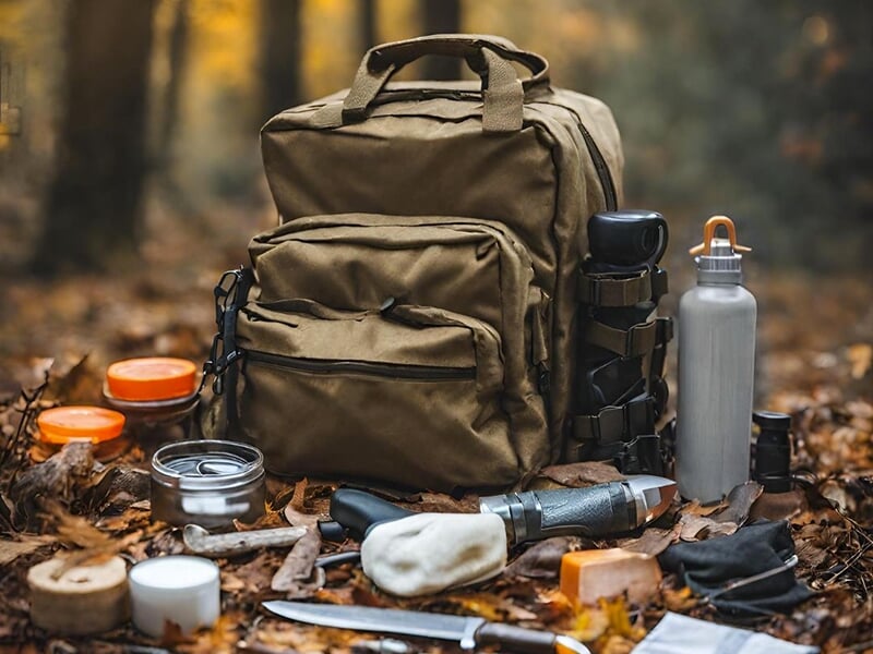 Sac à dos de randonnée posé au sol, entouré d’équipement de survie, de gourdes et de boîtes de conserve.
