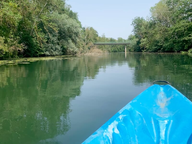 Vue depuis un kayak bleu sur une rivière calme bordée d'arbres verts et d'un pont au loin par une journée ensoleillée.