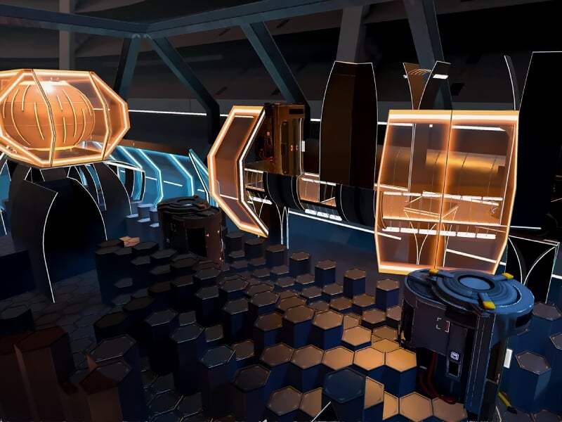 Intérieur futuriste avec des structures lumineuses hexagonales et des éléments technologiques avancés.