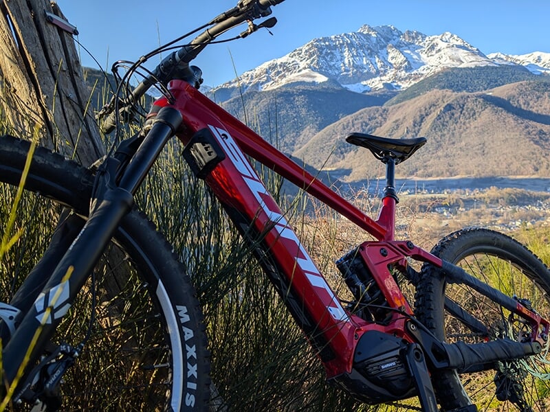 Un VTT électrique rouge en gros plan, posé près d’un arbuste, avec une chaîne de montagnes enneigées en arrière-plan.